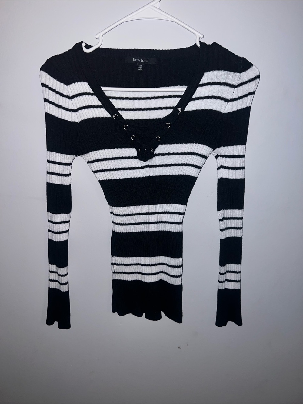 New Look Black & White Striped Lace-Up V-Neck Sweater
